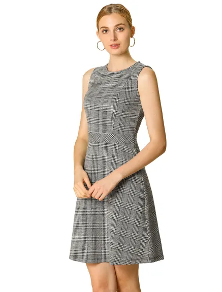 Allegra K- Sleeveless Plaid Houndstooth Flare Dress