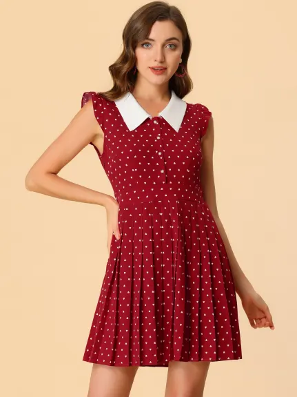 Allegra K- Ruffle Cap Sleeve Heart Print Pleated Dress