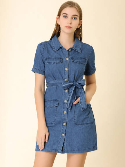 Allegra K- Belted Jean Denim ShirtDress