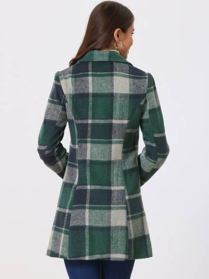 Allegra K- Turn Down Collar Plaid Toggle Duffle Long Overcoat