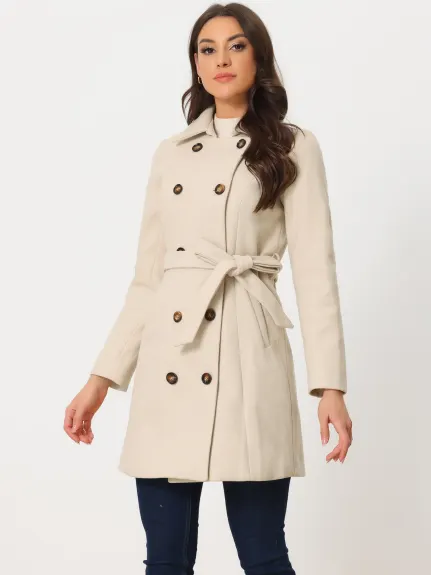 Allegra K - Double Breasted Belted Winter Pea Coat