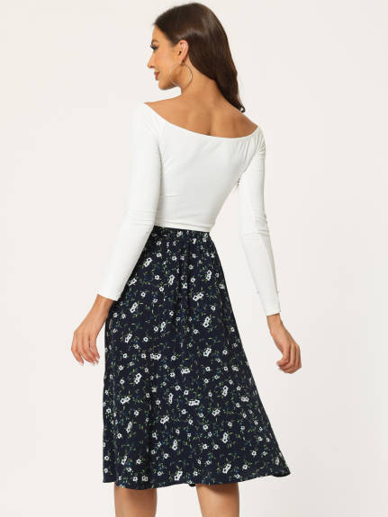 Allegra K- Elastic Waist A-Line Midi Leave Print Skirt