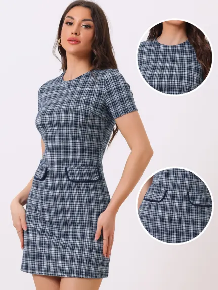 Allegra K- Short Sleeve Vintage Houndstooth Pencil Sheath Dress