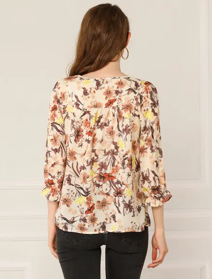 Allegra K- Tie V Neck Ruffled 3/4 Sleeve Floral Blouse