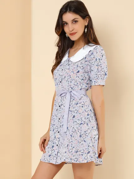 Allegra K- Robe chemise à manches courtes avec nœud papillon et fleurs