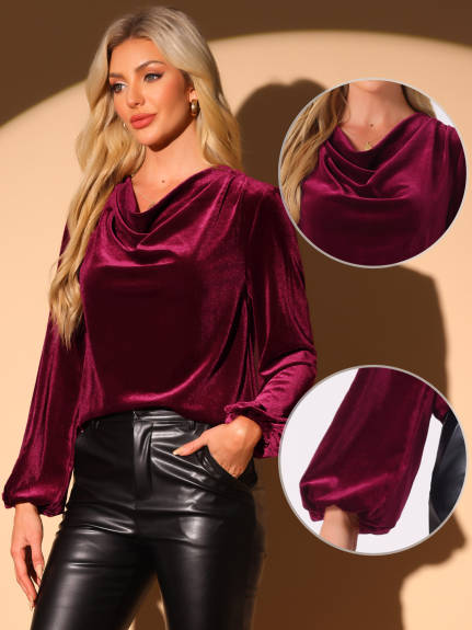 INSPIRE CHIC - Cowl Neck Lantern Long Sleeve Velvet Blouse