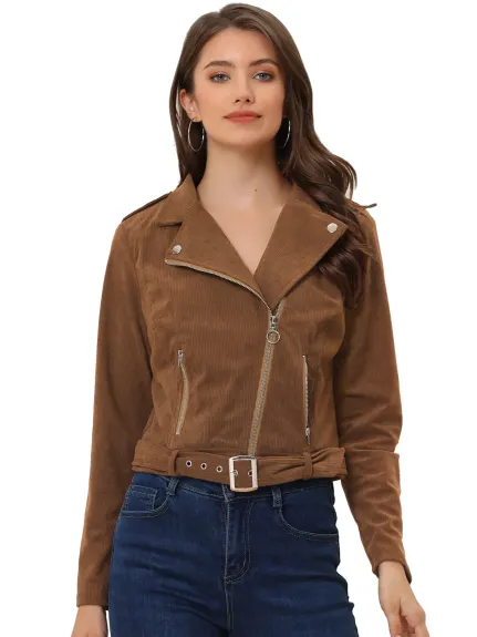 Allegra K- Corduroy Notched Lapel Zipper Jacket