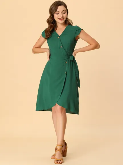 Allegra K- V Neck Ruffle Hem Short Sleeve Faux Wrap Dress