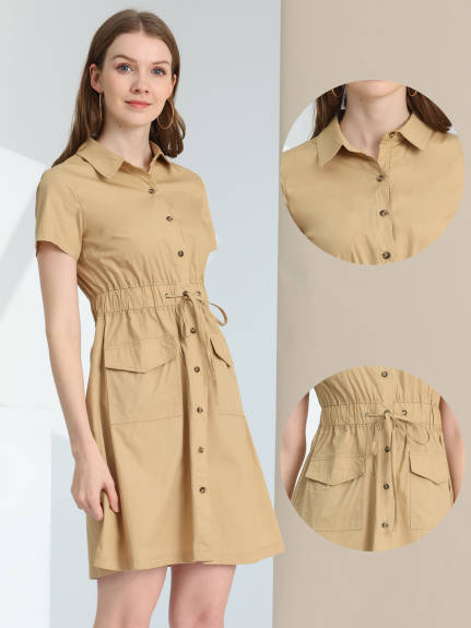 Allegra K- Button Down Cotton Flare Shirt Dress