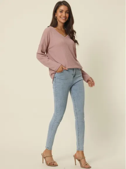 Allegra K- V Neck Waffle Knit Long Sleeve Slim Fit Top