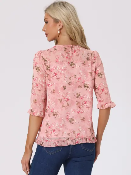 Allegra K- Floral Ruffled 3/4 Sleeve Chiffon Blouse