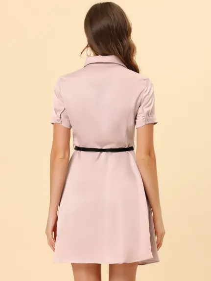 Allegra K- Satin Short Sleeve Button Down Belted Shirt Dress