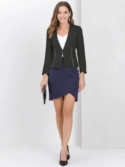 Allegra K- Open Front Zipper Collarless Cropped Blazer