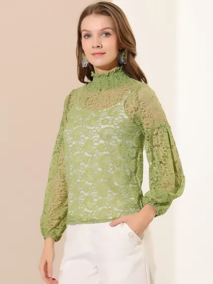 Allegra K- Blouse transparente en dentelle florale à col montant et volants