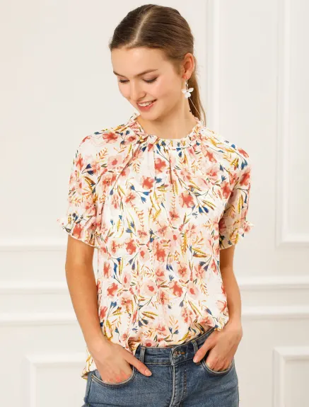 Allegra K- Blouse florale à manches courtes et col à volants