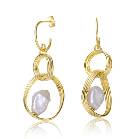 Genevive Boucles d'oreilles pendantes en argent sterling plaqué or jaune 14 carats avec perles blanches baroques double goutte