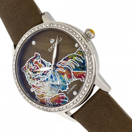 Empress - Montre automatique Diana avec bracelet en cuir gravé MOP - Olive