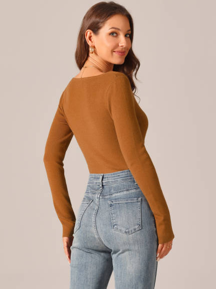 Allegra K - Square Neck Long Sleeve Knit Bodysuit