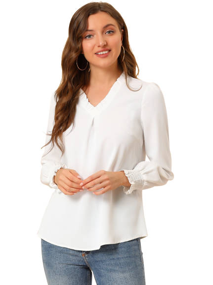 Allegra K- Ruffled V Neck Long Sleeve Blouse