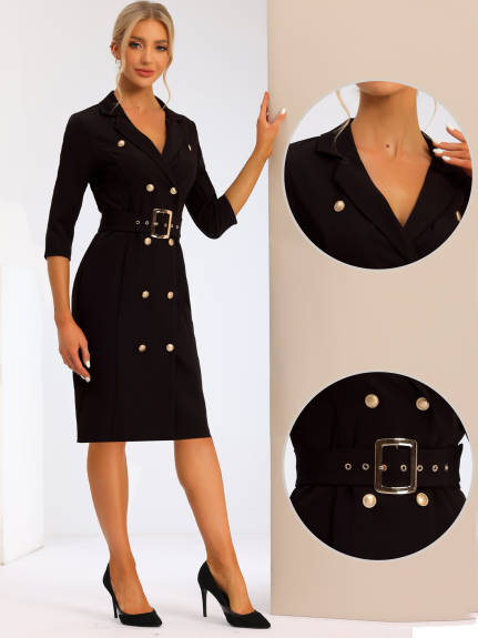 Allegra K- Double Breasted Lapel Belted Blazer Dress