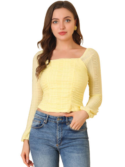 Allegra K - Square Neck Ruched Long Sleeve Crop Top