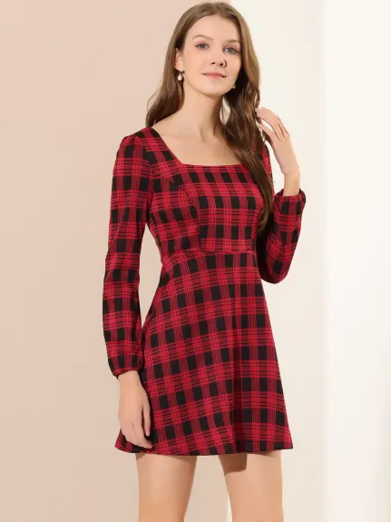 Allegra K- Square Neck Long Sleeve A-Line Plaid Dress