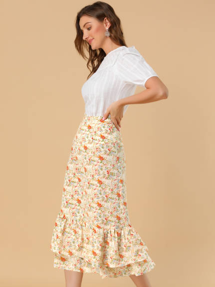 Allegra K- Printed Chiffon Ruffle Tiered Zipper Midi Skirt