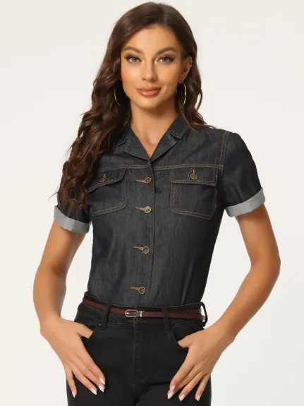 Allegra K- chemise en Jean col cranté boutonné