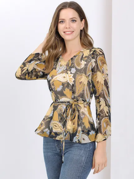 Allegra K - Floral Peplum V Neck Chiffon Long Sleeve Blouse