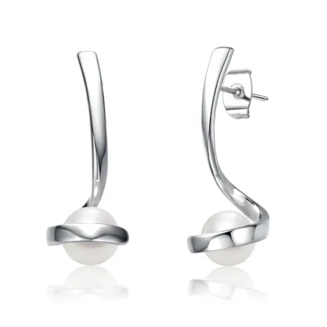 Genevive Sterling Silver with Freshwater Pearl Ribbon Swirl Dangle Drop Earrings