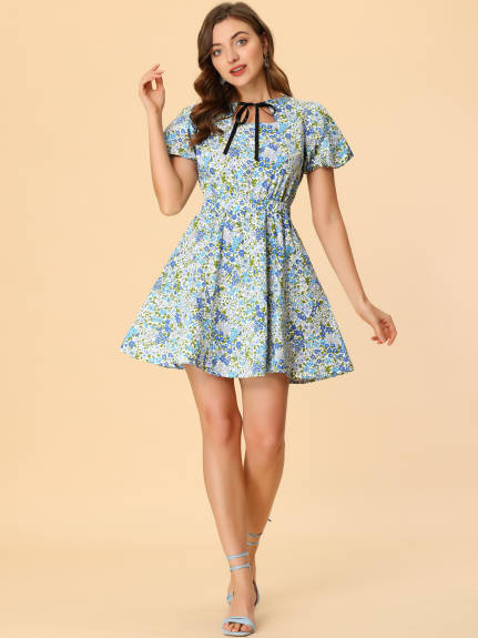 Allegra K- Keyhole Square Neck Floral Puff Sleeve Mini Dress