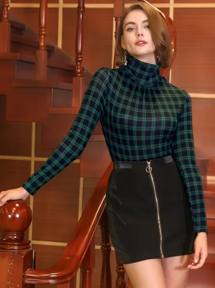 Allegra K- Turtleneck Long Sleeve Slim Plaid Shirt Blouse