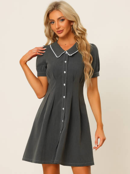 Allegra K- Puff Short Sleeve Flared Button Front Shirt Dress