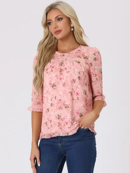 Allegra K- Floral Ruffled 3/4 Sleeve Chiffon Blouse