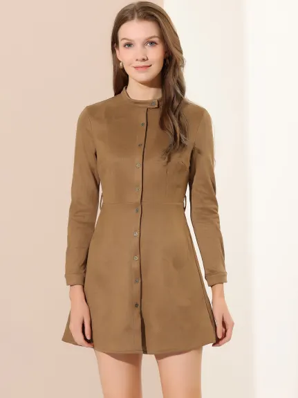 Allegra K- Long Sleeve Faux Suede Belted Button Down Dress