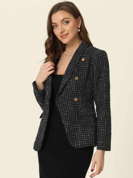 Allegra K - Plaid Double Breasted Work Tweed Jacket