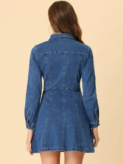 Allegra K- V-Neck Roll Up Sleeve Denim Shirt Dress