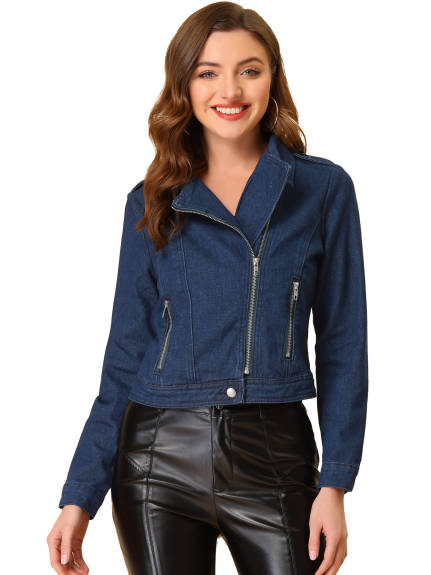 Allegra K- Notched Lapel Asymmetric Zip Moto Denim Jacket