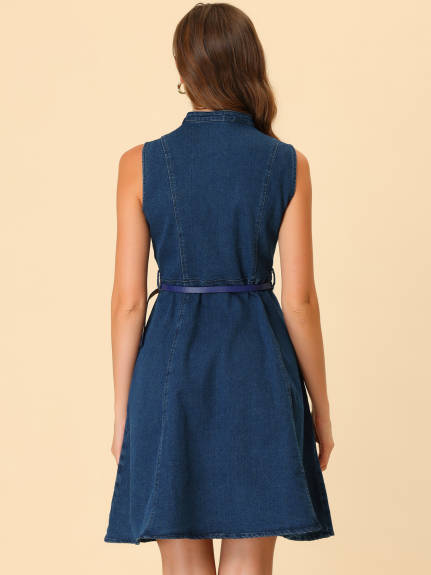 Allegra K- Denim Sleeveless Belted Flare Shirt Dress