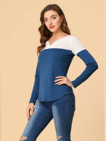 Allegra K- Color Block V Neck Henley Blouse