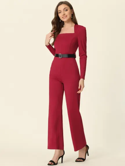 Allegra K - Square Neck Long Sleeve Straight Jumpsuit