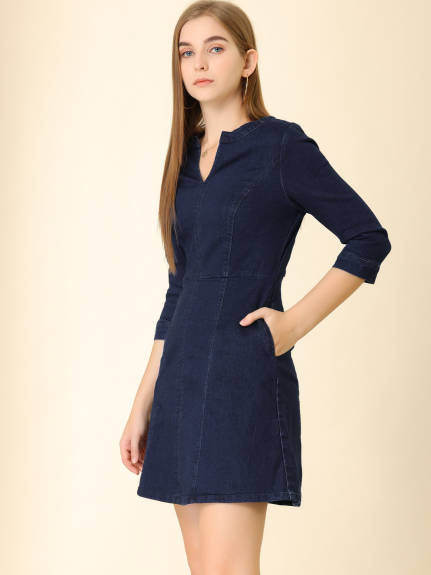 Allegra K- Stretchy Split Neck 3/4 Sleeve Denim Dress