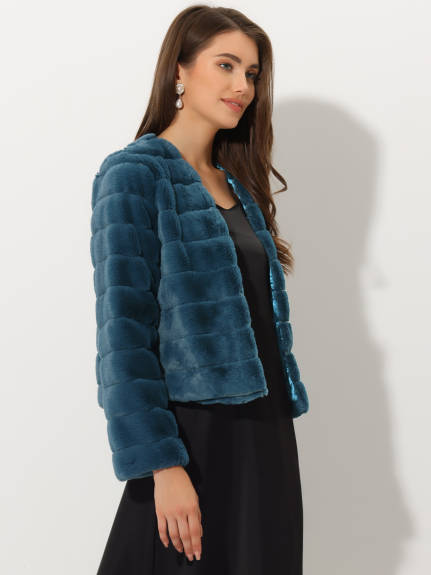 Allegra K- Cropped Collarless Faux Fur Fluffy Coat Jacket