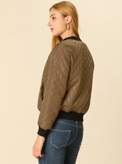 Allegra K- Stand Collar Raglan Sleeve Quilted Bomber Jacket