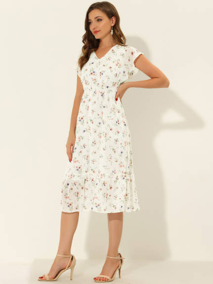 Allegra K- Floral Chiffon Elastic Waist V Neck Ruffled Hem Dress