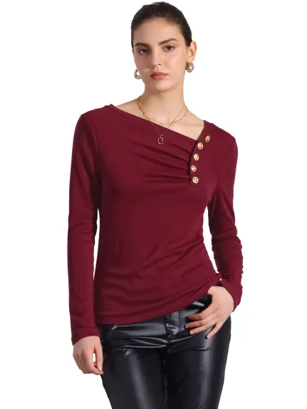 Allegra K - Asymmetrical Neck Button Decor Pleated Top