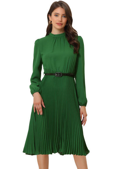 Allegra K- Elegant Long Sleeve Pleated Midi Shirt Dress