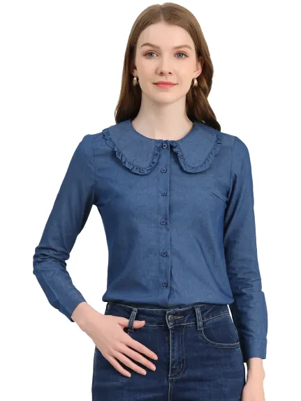 Allegra K - Peter Pan Ruffled Collar Denim Shirt