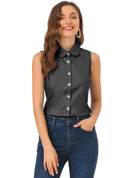 Allegra K - Chambray Button Sleeveless Collar Shirt