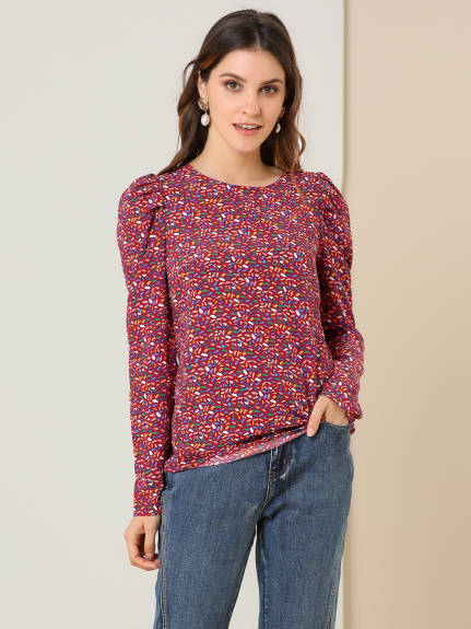 Allegra K- Retro Puff Round Neck Chiffon Blouse